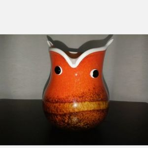 Hand Blown Studio Art Glass Owl Vase Planter White